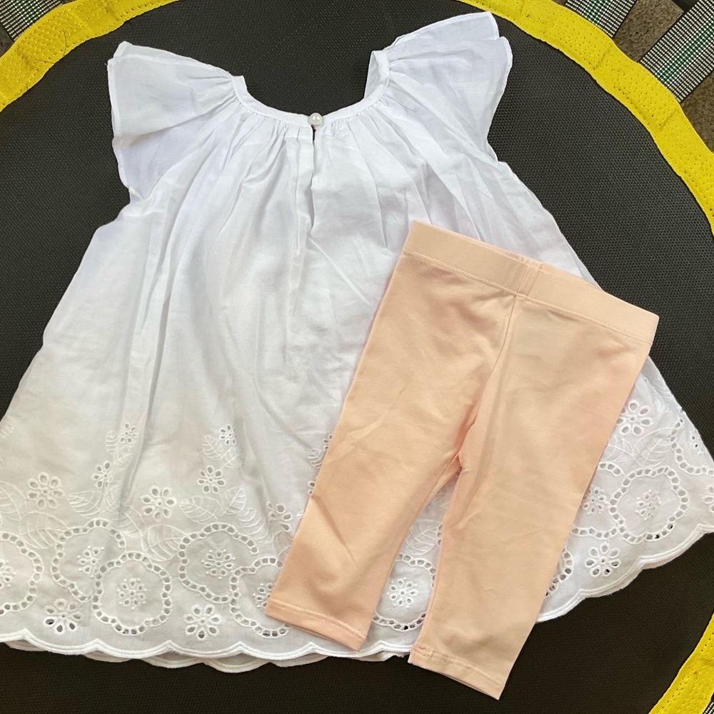 Tahari Baby Outfit - White Tunic with eyelet embroidery and Pink Leggings.